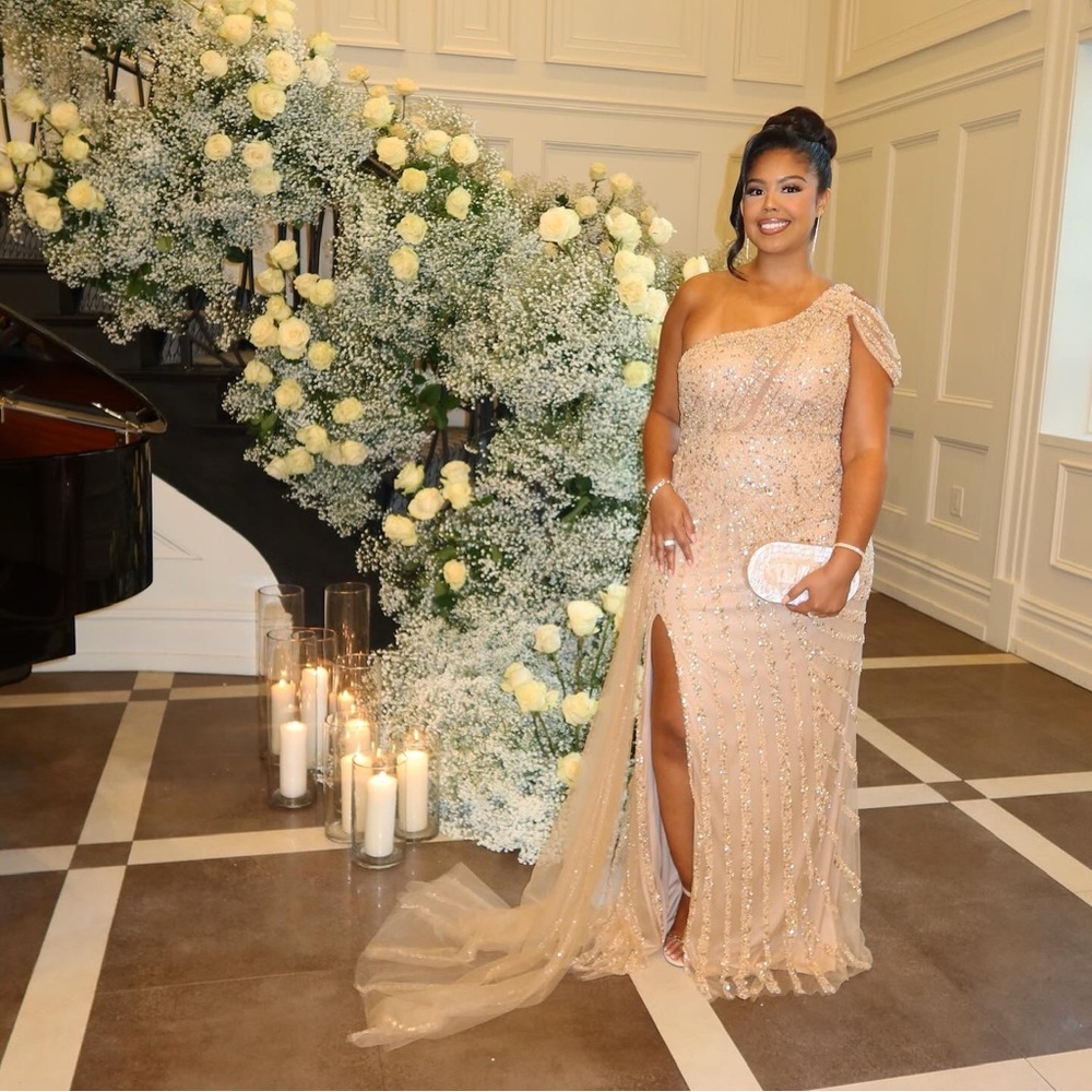Champagne Gold Formal Beaded Evening Gown
